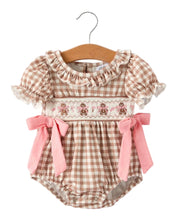 Christmas Brown Plaid Smocked Gingerbread and Bows Girl Romper | 3 6 9 12 18 Months