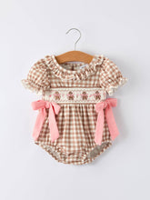 Christmas Brown Plaid Smocked Gingerbread and Bows Girl Romper | 3 6 9 12 18 Months
