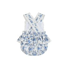 Blue and White Vintage Floral Bow Print Apron Ruffle Romper | 3-6M 6-12M 12-18M