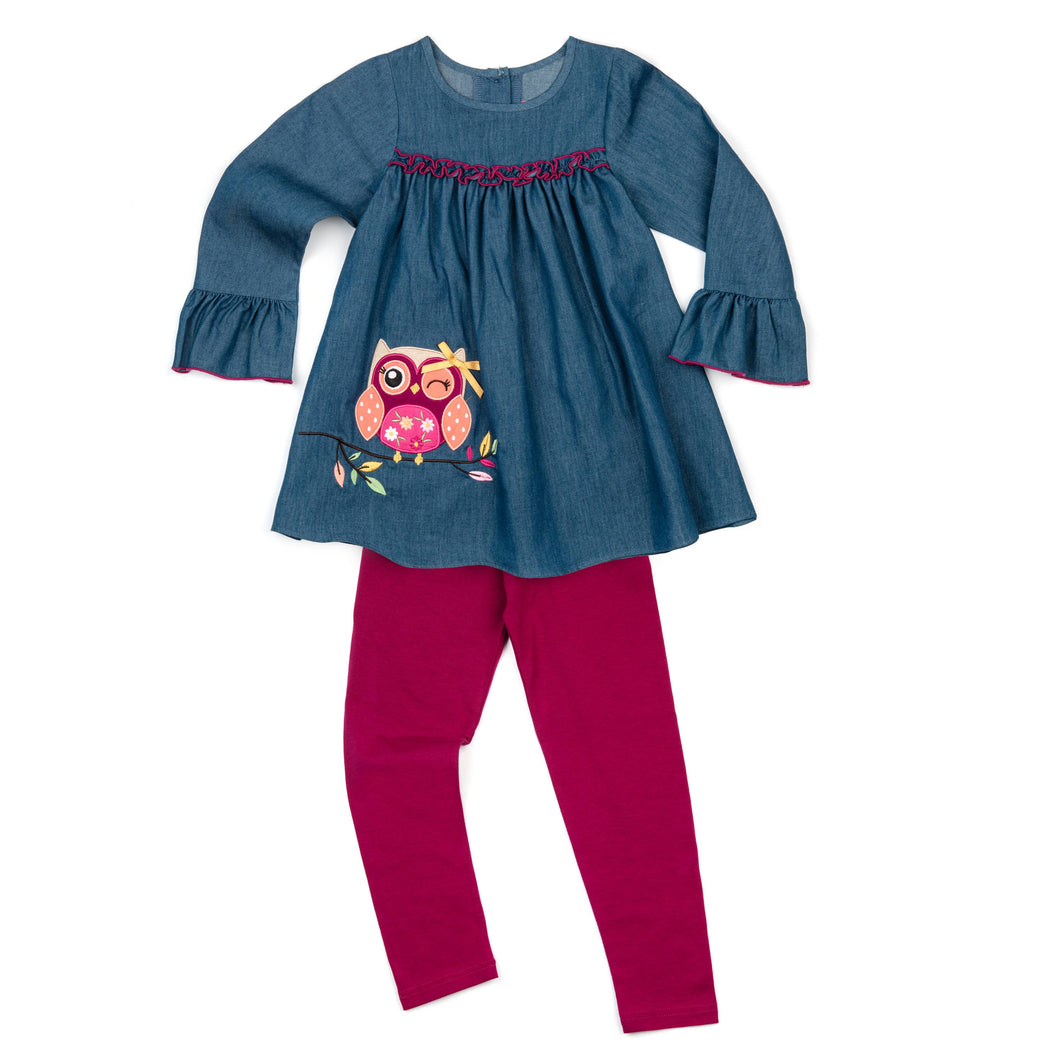 Denim and Burgandy Owl Applique Legging Set | 12 18 24 Months