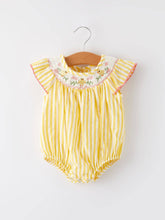 Yellow Striped Chick Floral Embroidery Baby Girls Smocked Romper | 3 6 12 18 Months