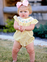 Yellow Striped Chick Floral Embroidery Baby Girls Smocked Romper | 3 6 12 18 Months
