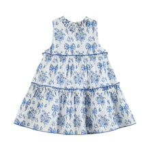 Blue and White Bow and Flower Print Layered Ruffle Dress | 2T 3T 4T