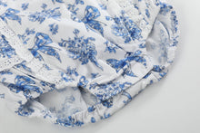Blue and White Vintage Floral Bow Print Apron Ruffle Romper | 3-6M 6-12M 12-18M