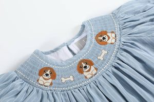 Light Blue Puppy Smocked Bishop Dress | 3-6M 6-12M 12-18M 18-24M 2T 3T 4T 5Y 6Y