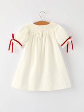 White Christmas Smocked Dress with Embroidery and Red Bow Details | 2 3 4 5 Years