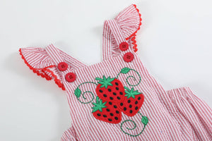 Red Seersucker Strawberry Bow Romper | 3-6M 6-12M 12-18M