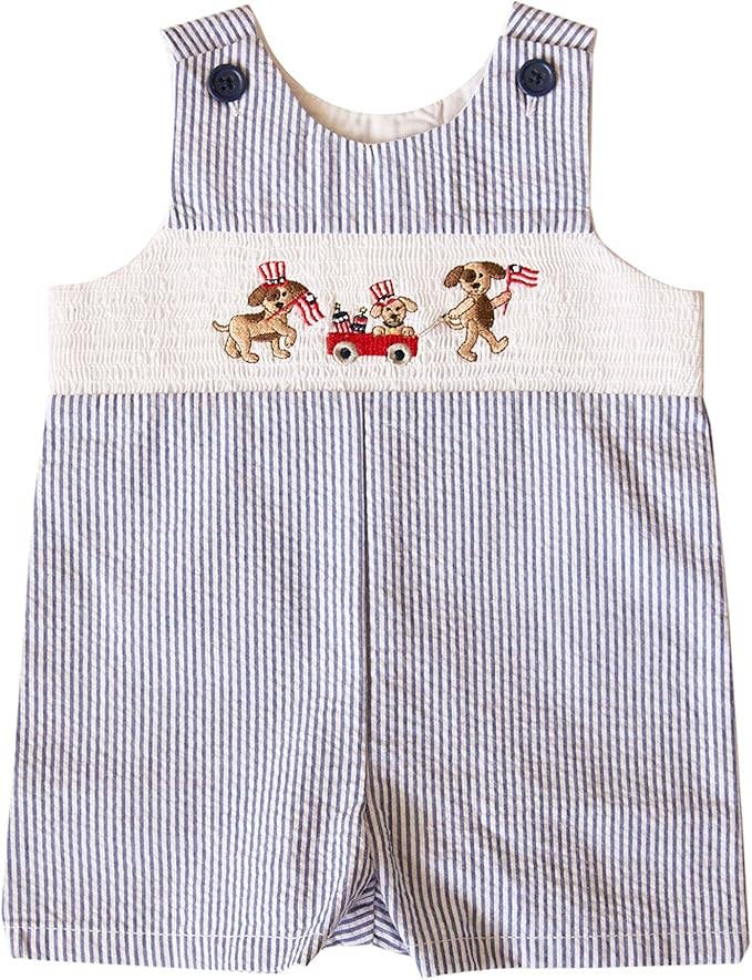 Navy Striped Patriotic July 4th Smocked Seersucker Shortall | 3-6 6-9 Months