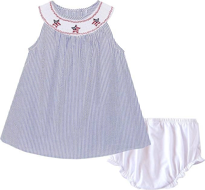 Blue Seersucker Patriotic Stars Smocked Dress Set | 6-9 Months