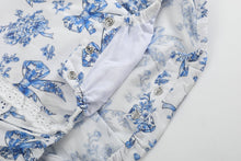 Blue and White Vintage Floral Bow Print Apron Ruffle Romper | 3-6M 6-12M 12-18M