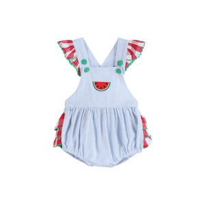 Light Blue Seersucker and Gingham Watermelon Ruffle Romper | 3-6M 6-12M 12-18M