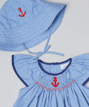Anchor Embroidered Blue Check Smocked Dress Set with Sun Hat | 12 18 24 Months