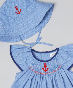 Anchor Embroidered Blue Check Smocked Dress Set with Sun Hat | 24 Months