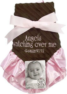 Angels Watching Over Me Embroidered Baby Girls Brown Pink Blankie | 15 x 15