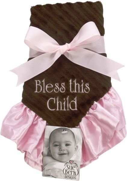 Bless this Child Embroidered Baby Girls Brown Pink Blankie | 15 x 15