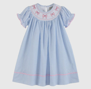 Blue Seersucker Pink Bow Smocked Bishop Dress | 3-6M 6-12M 12-18M 18-24M 2T 3T 4T 5Y 6Y