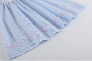 Blue Seersucker Pink Bow Smocked Bishop Dress | 3-6M 6-12M 12-18M 18-24M 2T 3T 4T 5Y 6Y