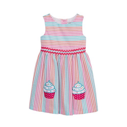 Seersucker Stripe Cupcake Applique Dress | Little Girls 5 or 6
