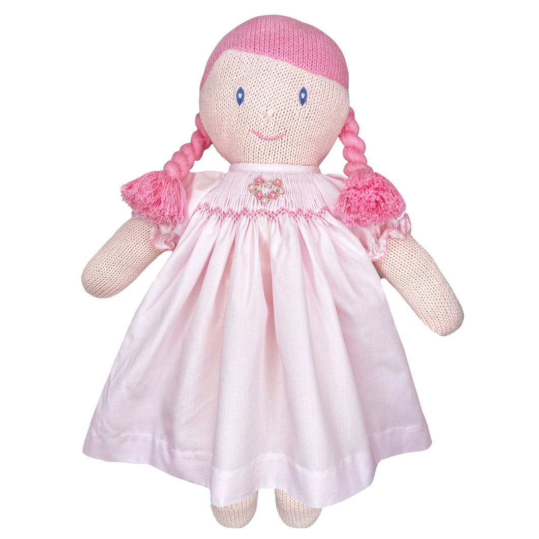 Knit Girl Doll with Pink Smocked Flower Heart Dress