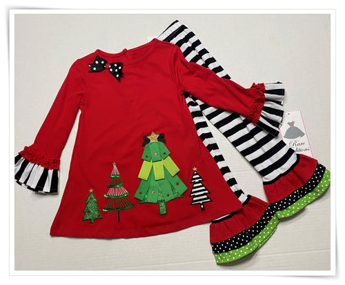 Red and Black Striped Christmas Tree Legging Set | Little Girls 4 5 6