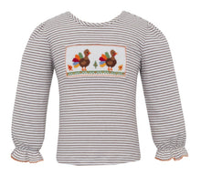 Brown Striped Girls Turkey Smocked Thanksgiving Long Sleeve T-Shirt | 2T 3T 4T 4 5