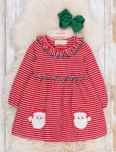 Red Stripe Santa Embroidered Christmas Dress with Hair Bow | 2 3 4 Years