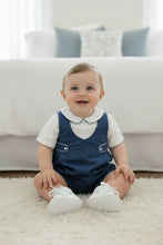 Navy White Romper Shortall with Side Tabs and Pintucks | 3 6 9 Months