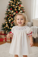 White Christmas Smocked Dress with Embroidery and Red Bow Details | 2 3 4 5 Years