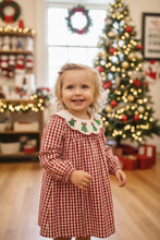 Red Gingham Girls Embroidered Christmas Tree Dress | 2 3 4 Years