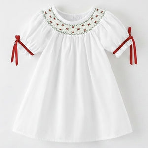 White Christmas Smocked Dress with Embroidery and Red Bow Details