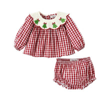 Red Gingham Christmas Tree Embroidery Long Sleeve Baby Girl Bloomers Set | 3 6 12 18 Months
