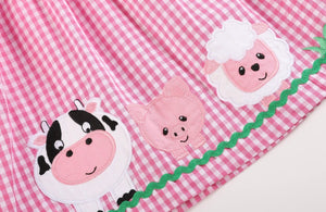 Pink Gingham Farm Animals Dress | 4T 5Y 6Y