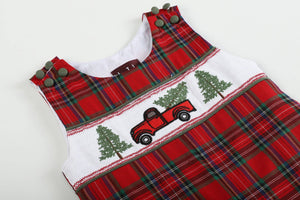 Red Plaid Christmas Truck & Tree Smocked Overalls | 3-6M 6-12M 12-18M 18-24M 2T