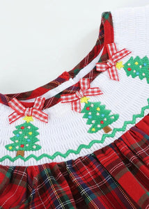 Red and Green Tartan Plaid Christmas Tree Smocked Playsuit | 12-18 Months