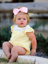 Yellow Striped Chick Floral Embroidery Baby Girls Smocked Romper | 3 6 12 18 Months