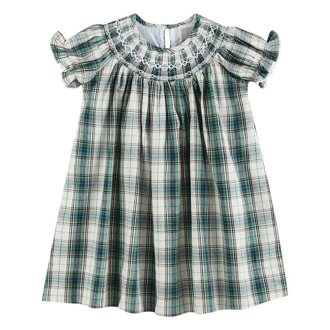 Blue Green Plaid Christmas Tartan Smocked Bishop Dress | 3-6M 6-12M 12-18M 18-24M 2T 3T 4T 5Y 6Y