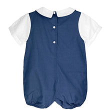 Navy White Romper Shortall with Side Tabs and Pintucks | 12 18 24 Months