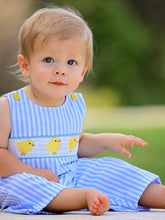 Chick Embroidered Smocked Blue Striped Boys Romper | 3 6 12 18 Months