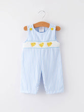Chick Embroidered Smocked Blue Striped Boys Romper | 3 6 12 18 Months