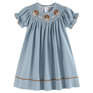 Light Blue Puppy Smocked Bishop Dress | 3-6M 6-12M 12-18M 18-24M 2T 3T 4T 5Y 6Y