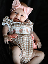 Christmas Brown Plaid Smocked Gingerbread and Bows Girl Romper | 3 6 9 12 18 Months