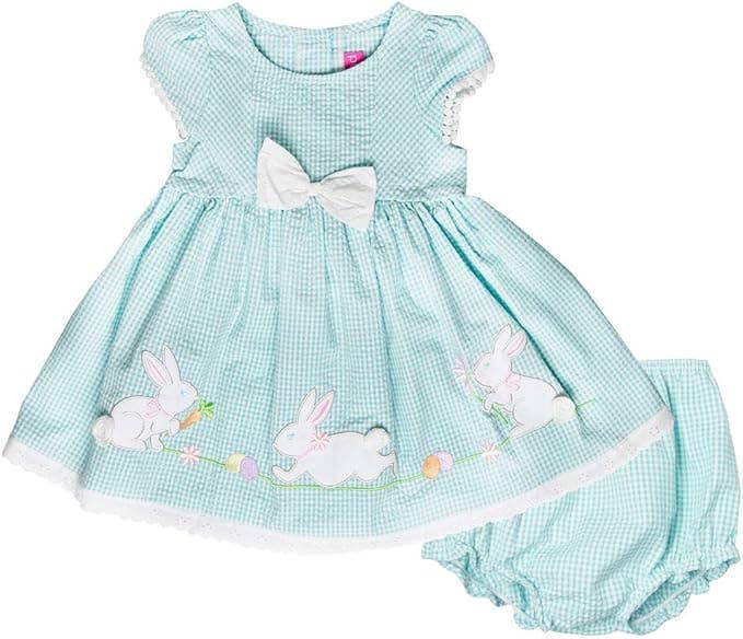 Turquoise Gingham Seersucker Easter Bunny Dress | 3-6 6-9 18 Months