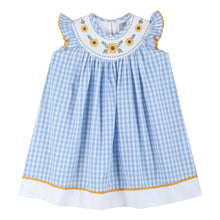 Blue Gingham Sunflower Smocked Bishop Dress