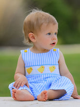 Chick Embroidered Smocked Blue Striped Boys Romper | 3 6 12 18 Months