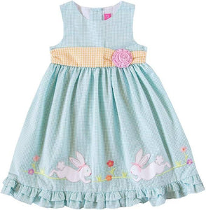 Turquoise Bunny Flower Applique Seersucker Easter Dress | 2T 4T 5