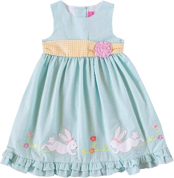 Turquoise Bunny Flower Applique Seersucker Easter Dress | 2T 3T 4T 5 6 6X