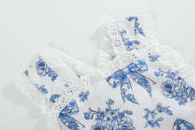 Blue and White Vintage Floral Bow Print Apron Ruffle Romper | 3-6M 6-12M 12-18M