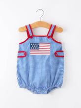 4th of July Flag Chenille Blue Check Baby Romper | 3 6 12 Months