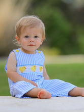 Chick Embroidered Smocked Blue Striped Boys Romper | 3 6 12 18 Months