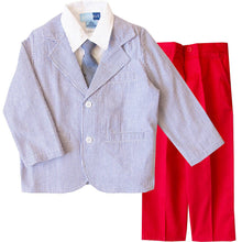 Blue Seersucker Red Pants Boys 4 Piece Suit | 2T 3T 4T